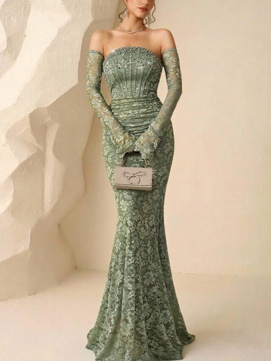 Elegant Strapless Lace Mermaid Dress in Sage Green - Picture 6 of 8